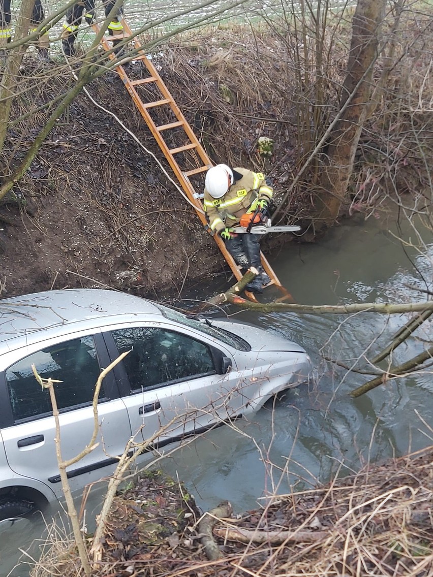 Niecodzienny wypadek pod Krakowem. W gminie Iwanowice samochód wpadł do rzeki Dłubni. Jedna osoba poszkodowana 
