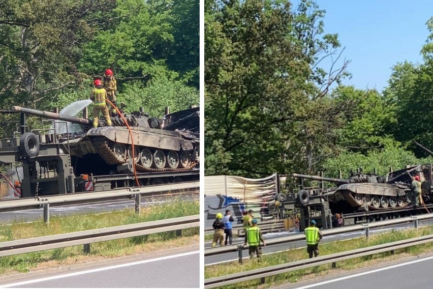 Pożar czołgu na A6 pod Szczecinem. Zderzenie ciężarówek transportujących czołgi. AKTUALIZACJA i ZDJĘCIA 20.06.2021