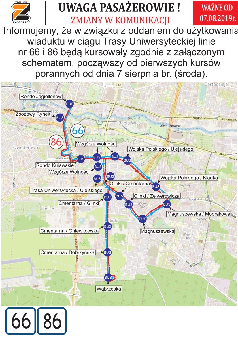 Uwaga. Zmiany na liniach autobusowych w Bydgoszczy po otwarciu Trasy Uniwersyteckiej [7.08.2019]