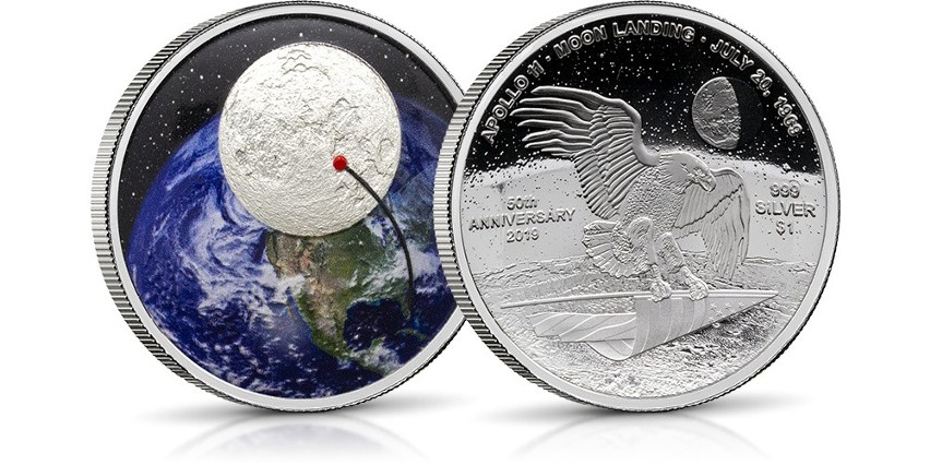 Srebrna moneta z okazji 50. rocznicy lądowania na księżycu.