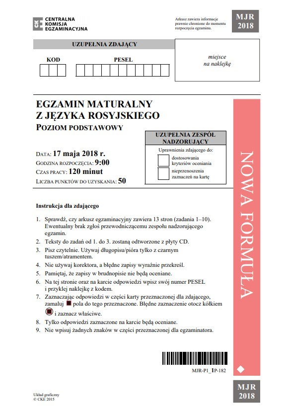 MATURA: JĘZYK ROSYJSKI 2018. ARKUSZE CKE ONLINE. Odpowiedzi...