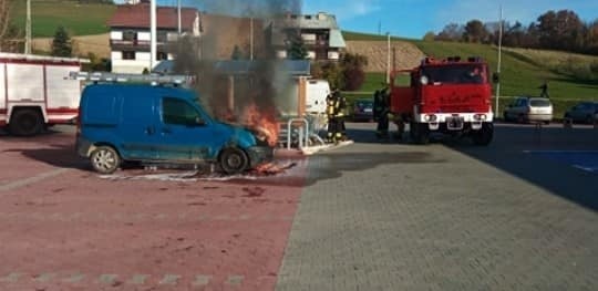 Korzenna. Samochód zapalił się na parkingu przed sklepem