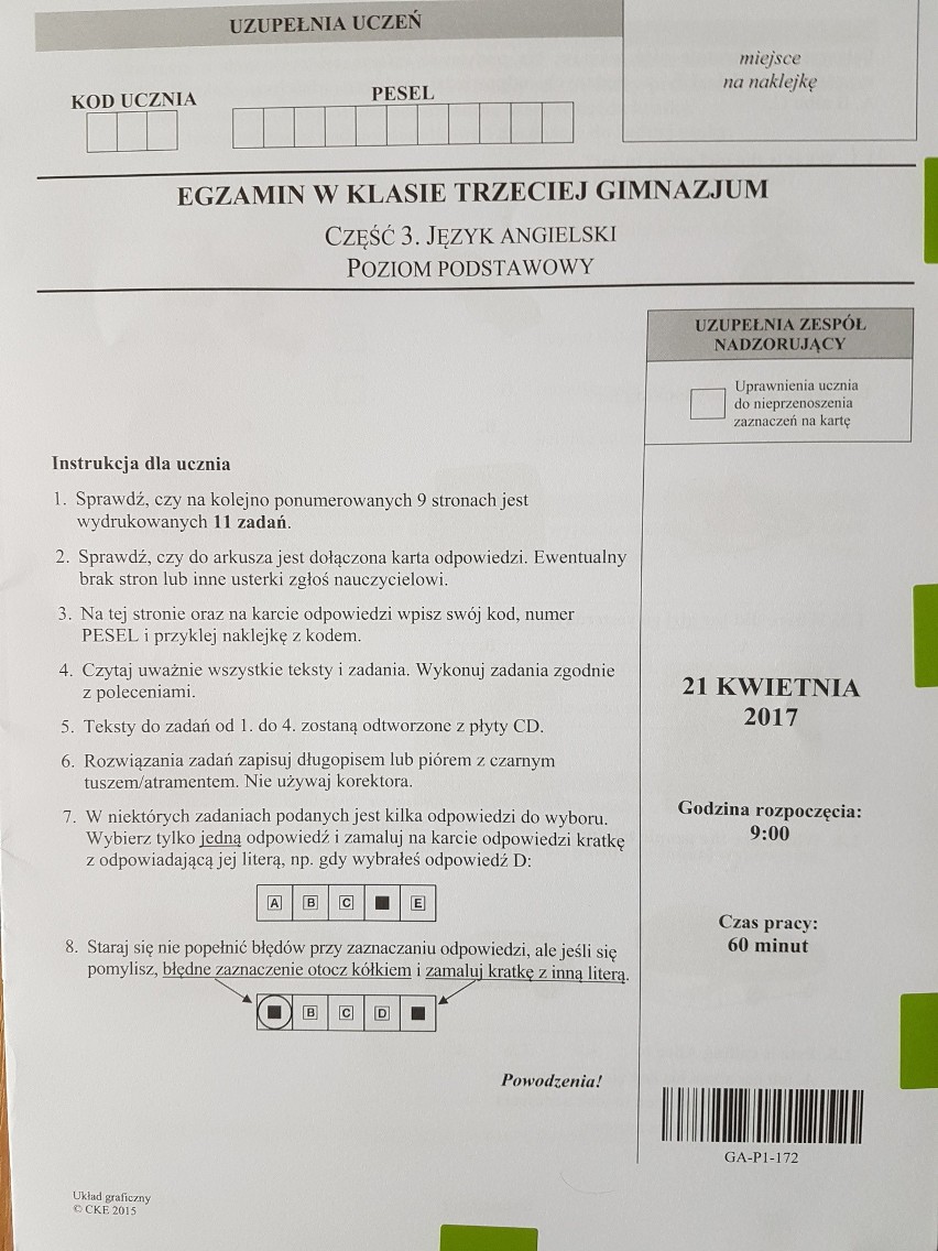 Egzamin gimnazjalny 2017: [ANGIELSKI - ROZSZERZENIE, PODSTAWA] - odpowiedzi i arkusz CKE