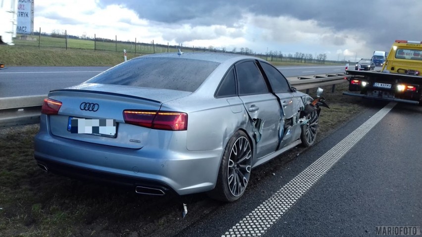 Zderzenie na autostradzie A4 w okolicy Brzegu. Ciężarowy DAF uderzył w audi, którym podróżowała trzyosobowa rodzina