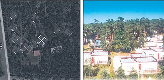 Po lewej zdjęcie satelitarne ośrodka Górnik, po prawej ośrodek wypoczynkowy.