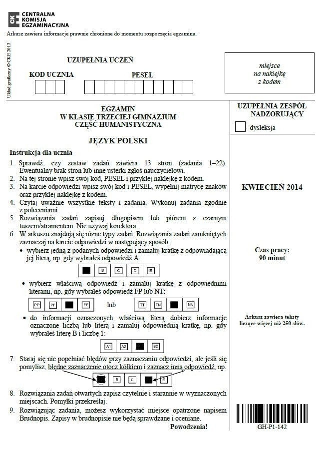 Egzamin gimnazjalny 2014 z CKE. Język polski [ARKUSZE, ODPOWIEDZI]