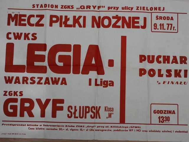 Plakat zapowiadający mecz w Pucharze Polski Gryf Słupsk &#8211; Legia Warszawa.