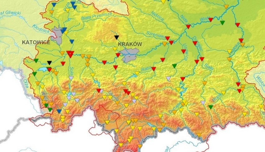 Mapa występowania stanów alarmowych na rzekach Górnej Wisły