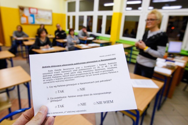 Pod koniec 2012 roku rodzice dzieci ze szkoły na osiedlu Łokietka wypełniali ankiety dotyczące budowy gimnazjum na Naramowicach