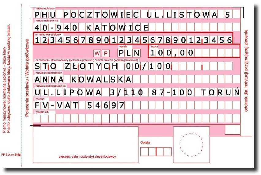 Tak wygląda standardowy druk przelewu