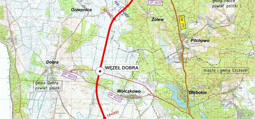 Na mapie widać alternatywne połączenie Dobrej ze Szczecinem,...