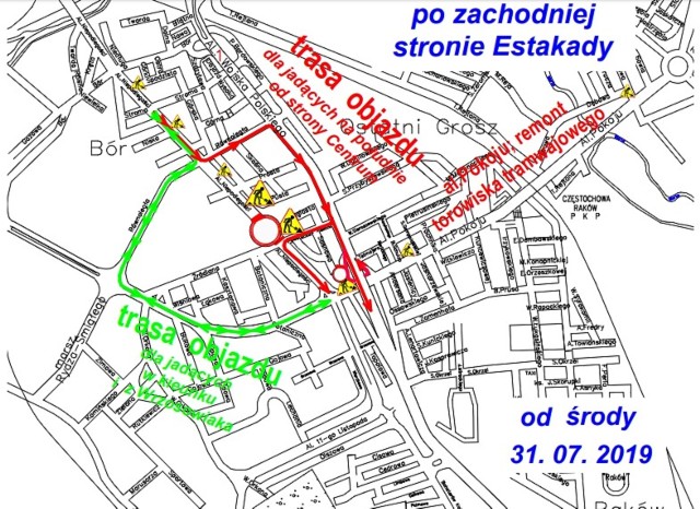 Kolor zielony, wskazuje trasy (w obu kierunkach) dla jadących do i z Wrzosowiska i Brzezin, a kolor czerwony wskazuje trasę (w jednym kierunku) dla jadących ze Śródmieścia na południe miasta.