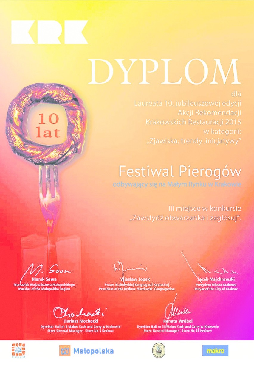 Dyplom nagrody przyznanej Festiwalowi Pierogów