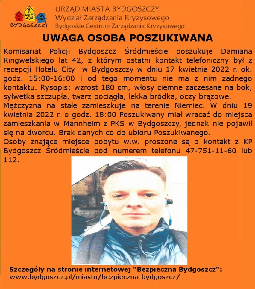 Zaginął 42-letni Damian, który PKS-em z Bydgoszczy miał wrócić do Niemiec
