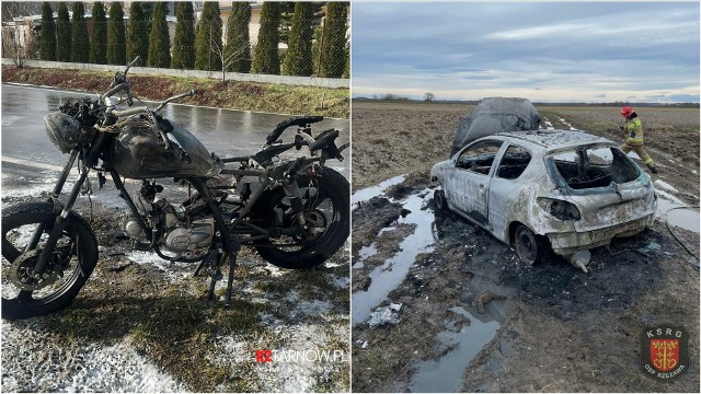 W Gorzycach strażacy walczyli z pożarem motocykla, natomiast w Słomce k. Bochni ogień strawił doszczętnie samochód stojący na polnej drodze