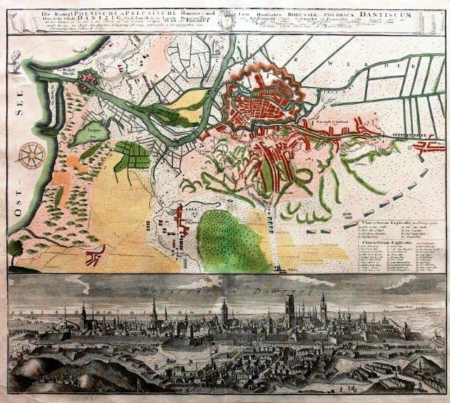 Plan Gdańska, mapa okolic Wisłoujścia i linii brzegowej  Morza Bałtyckiego, Norymberga, 1739 r.  U dołu panorama  miasta