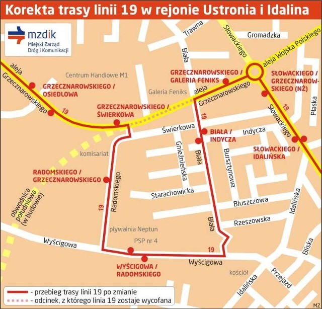 Mapa zmiany trasy linii 19.