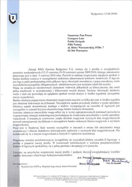 Pismo adresowane do Prezesa PZPN Grzegorza Laty oraz do...