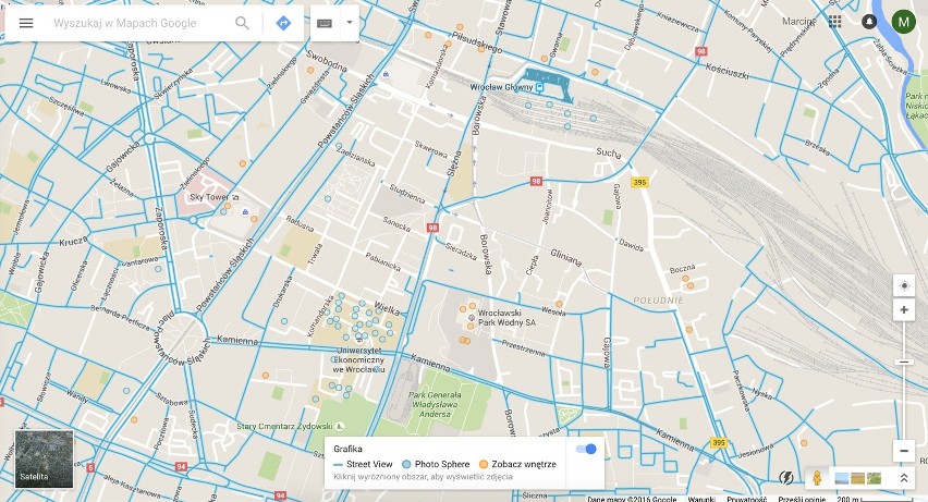 To mapa ulic w południowej części centrum Wrocławia. Na...