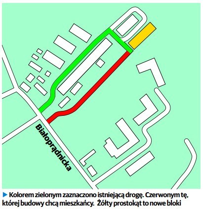 Na zielono zaznaczona została istniejąca droga. Czerwonym kolorem proponowana przez mieszkańców nowa trasa prowadząca do nowego bloku (kolor żółty)
