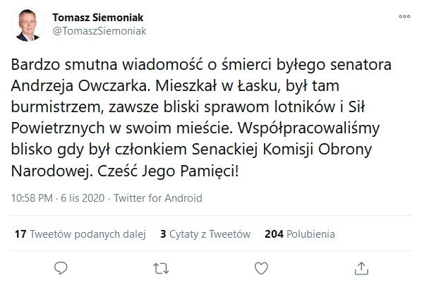 Nie żyje Andrzej Owczarek, radny sejmiku i były senator Platformy Obywatelskiej. Był zakażony koronawirusem