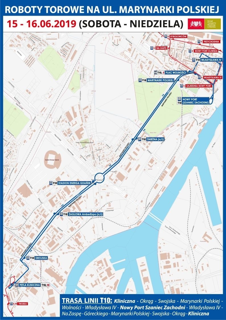 W weekend bez tramwajów na ul. Marynarki Polskiej w Gdańsku Nowym Porcie. Zmiany w funkcjonowaniu komunikacji miejskiej w Letnicy