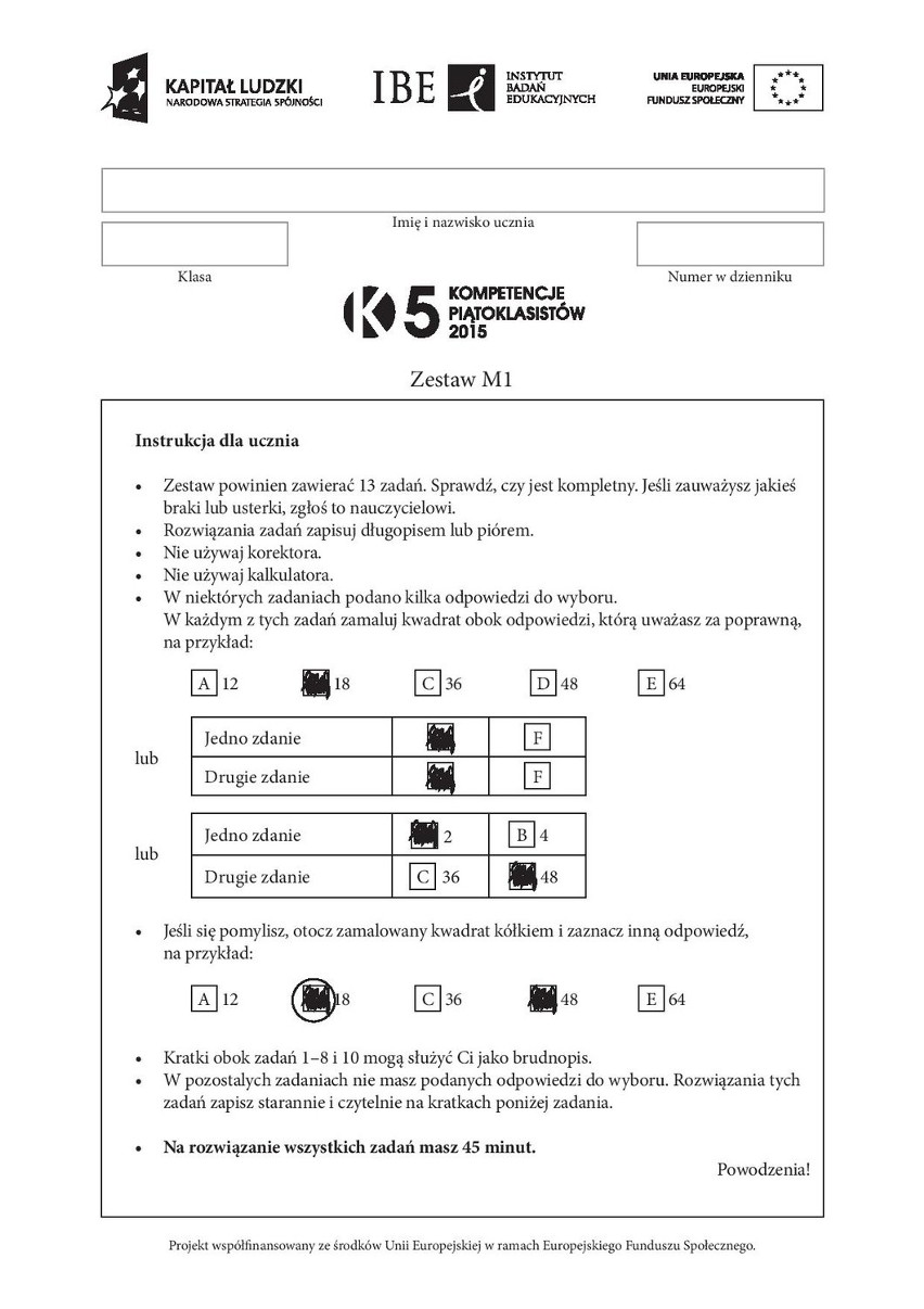 DUMA 2015. MATEMATYKA i JĘZYK POLSKI [ODPOWIEDZI, ARKUSZE...