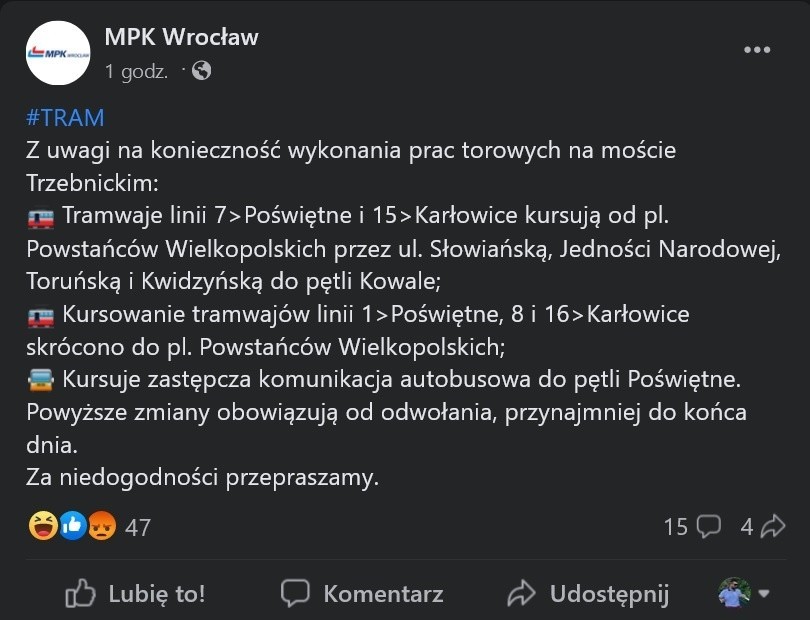 Dwa wykolejenia w okolicach ul. Trzebnickiej we Wrocławiu. MPK informuje po fakcie o "pracach torowych"