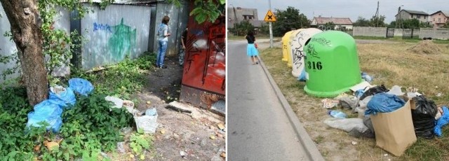 (Od lewej) Worki ze śmieciami są regularnie podrzucane przy garażach przy ulicy Grochowej w Kielcach, a taki śmietnik można obejrzeć w kieleckim osiedlu Ostrogórka.