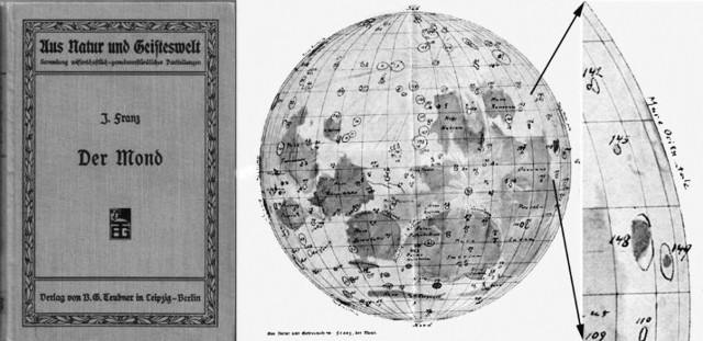 Stara niemiecka mapa księżyca z encyklopedii Meyera. Wiele z zaznaczonych na niej kraterów zostało opisanych przez miastkowianina, Juliusa Franza