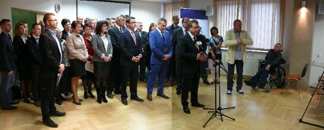 Prezentacja kandydatów na radnych powiatu i do miasta, przy mikrofonie kardiolog dr Marek Ujda.