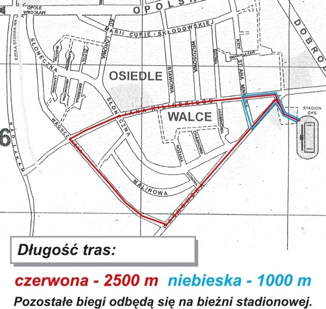 Mapka z zaznaczoną trasą biegu głównego i biegu na 1000m.