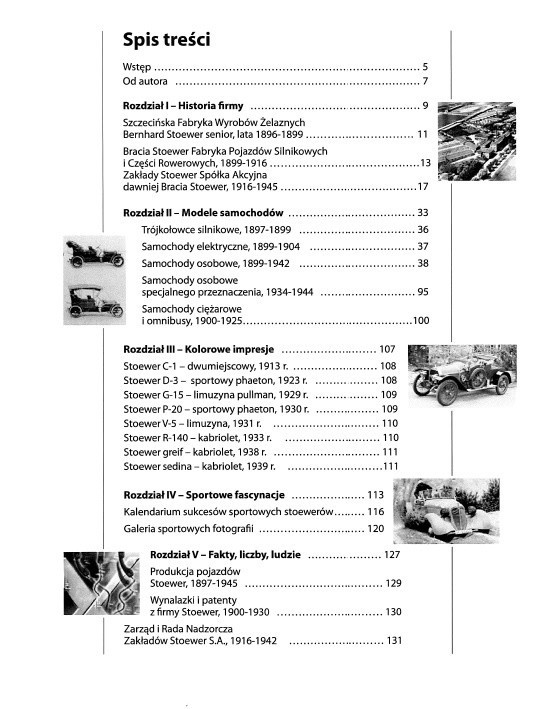 Spis treści książki  „Samochody Stoewer w latach 1896-1945”