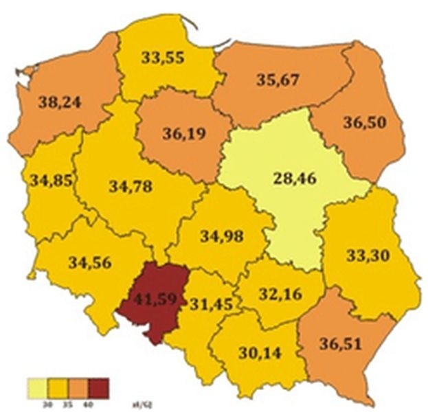 Średnia cena ciepła w kraju (wraz z usługą przesyłu) wzrosła w ciągu ostatniego roku o 6,1 proc. i wynosiła w 2008 r. 32,61 zł/GJ (gigawotodżul). Na mapce: Średnie ceny ciepła w poszczególnych województwach w 2008 roku (źródło: URE).