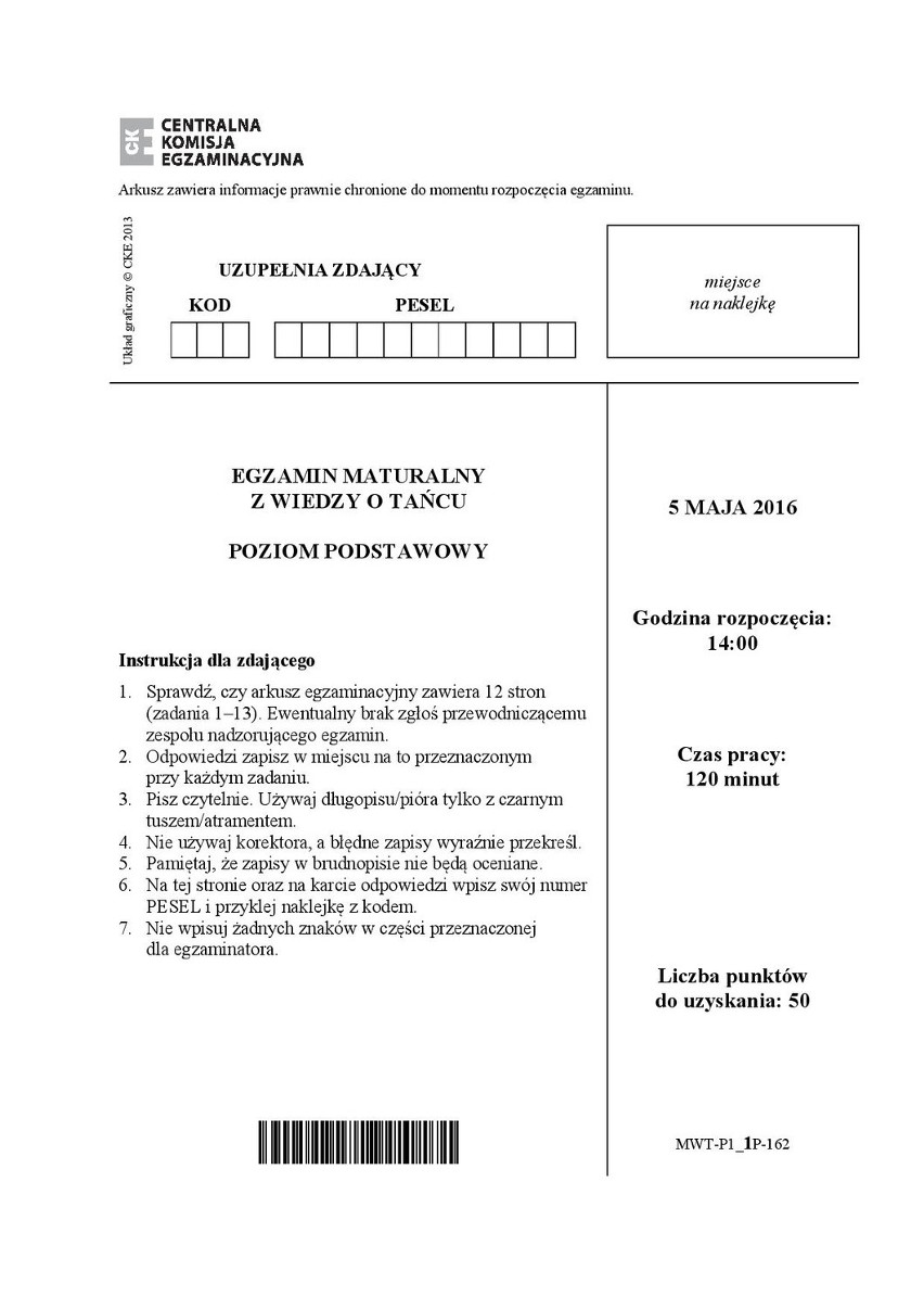 Matura 2016: Wiedza o tańcu poziom podstawowy