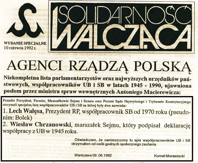 Fragmenty pierwszej strony zredagowanego i wydanego w Poznaniu specjalnego wydania biuletynu „Solidarności Walczącej” z 10 czerwca 1992 roku z oświadczeniem Kornela Morawieckiego