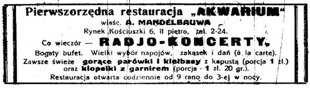 Reklama koncertów radiowych w Akwarium z listopada 1926 roku