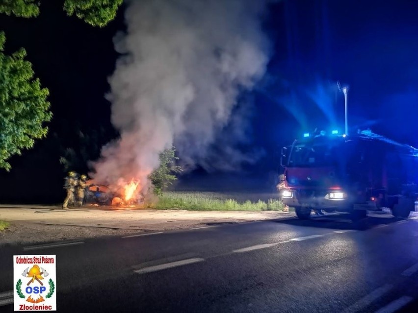 Pożar samochodu przy drodze krajowej nr 20. Pojazd spłonął doszczętnie [ZDJĘCIA]