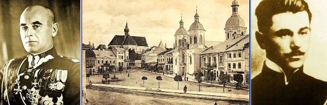 Edward Śmigły-Rydz w mundurze marszałkowskim (z lewej). Brzeżany. Rynek główny. Edward Rydz jako student (z prawej).