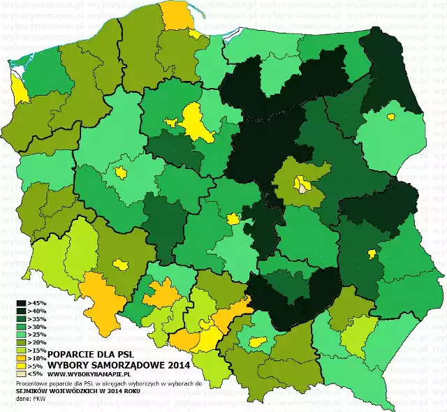 Wybory samorządowe 2014. Poparcie dla PSL w Polsce - dane PKW.