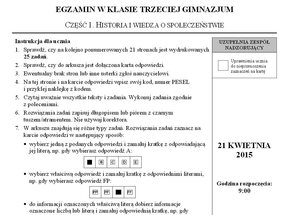 Egzamin Gimnazjalny 2015. Historia i WOS. Są już arkusze CKE! (ZOBACZ
