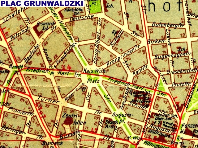 Plac Grunwaldzki (Kaiser Wilhelm platz) na planie miasta z 1938 roku.Kaiser-Wilhelm-Strasse to obecna Al. Papieża Jana Pawła II, a Friedrich-Karl-Strasse to dziesiejsza Ulica Marszałka Józefa Piłsudskiego.