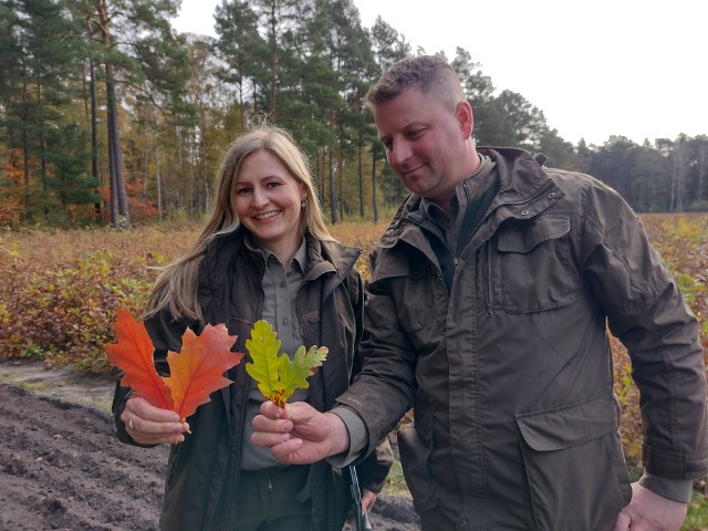 Ewelina Fabiańczyk, Rzecznik Prasowy Regionalnej Dyrekcji Lasów Państwowych w Zielonej Górze i Piotr Droszczak - leśniczy ds. Szkółkarskich w Nadleśnictwie Krzystkowice