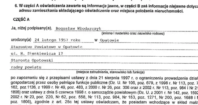 Wstęp z oświadczenia majątkowego Bogusława Włodarczyka, starosty opatowskiego.