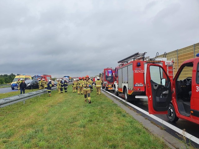 Do wypadku z udziałem trzech samochodów osobowych - volkswagena, citroena i opla - doszło w sobotę, 6 sierpnia, przed godz. 10. Ze wstępnych informacji wiemy, że łącznie podróżowało nimi dziesięć osób, ranne zostały co najmniej cztery z nich, w tym 15-latka (rana brzucha) oraz 9-miesięczne dziecko.Zdarzenie miało miejsce na 234,7 kilometrze A1 w kierunku Gdańska, w okolicach gminy Lubień Kujawsko (pow. włocławski). To granica województw kujawsko-pomorskiego i łódzkiego. Na miejscu działa siedem zastępów straży pożarnej z trzech województw, policja i cztery karetki. Lądował także śmigłowiec LPR. Droga w kierunku Gdańska jest całkowicie zablokowana. Wiemy, że na miejscu jako pierwsi pomocy udzielili trzej strażacy z OSP Raciążek z pow. aleksandrowskiego. Jeden z nich to także policjant z KMP we Włocławku.
