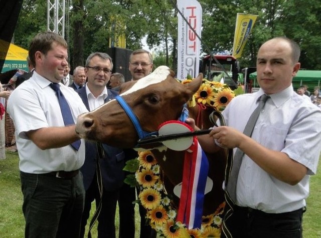 Superchampionkę - krowę Nirwanę podziwiali Jarosław Mostowski, dyrektor Świętokrzyskiego Ośrodka Doradztwa Rolniczego (drugi z prawej) oraz członek zarządu województwa Piotr Żołądek.