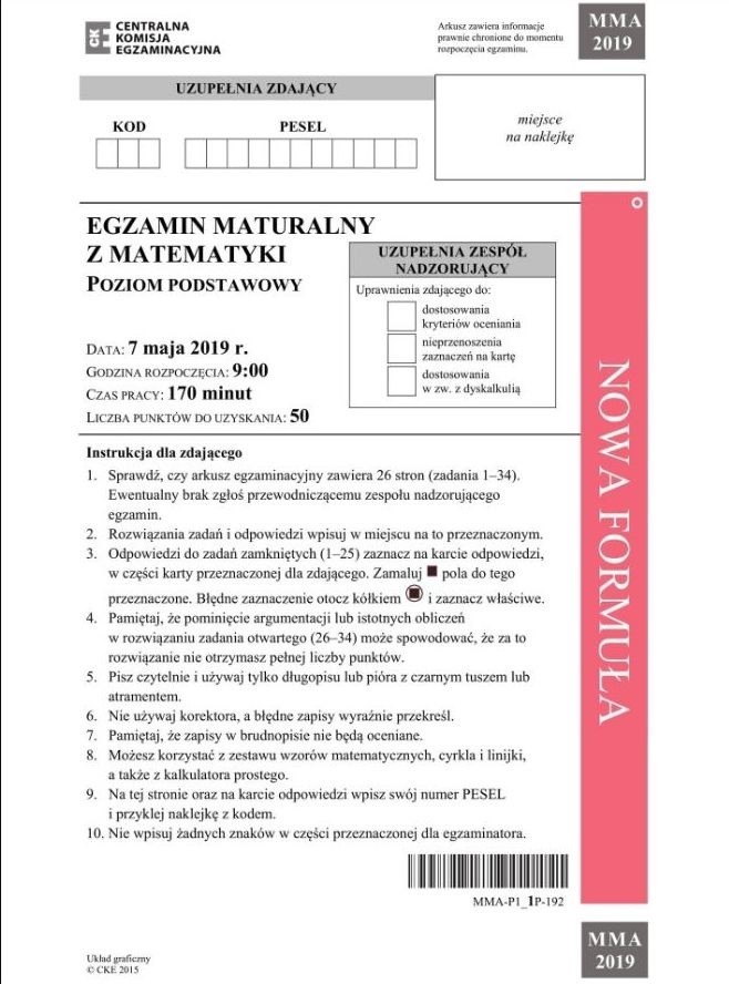 MATURA 2019: MATEMATYKA PODSTAWOWA [ODPOWIEDZI, ARKUSZE CKE,...