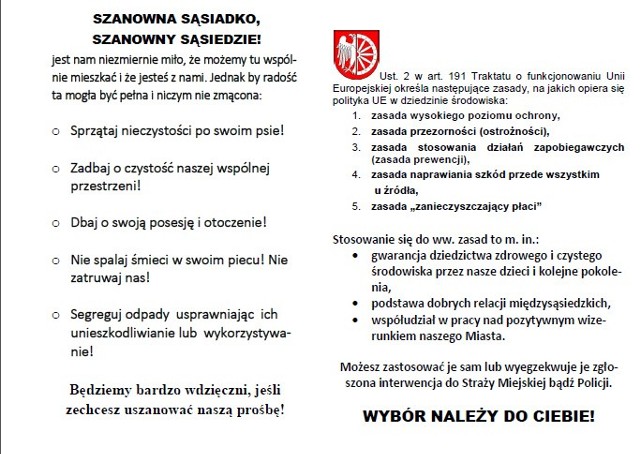 Racibórz walczy ze smogiem ulotkami: Szanowny sąsiedzie...