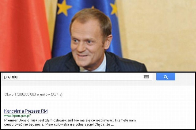 Na zdjęciu Premier Donald Tusk i zrzut Google. Wszystko w związku z wprowadzaniem ACTA.