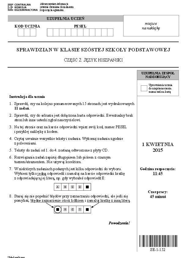 Sprawdzian szóstoklasisty 2015. HISZPAŃSKI [ARKUSZE, ODPOWIEDZI